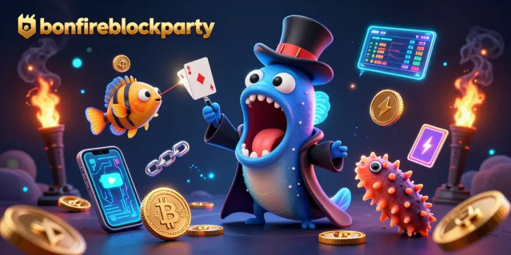 Engage with bonfireblockparty through a vibrant sea-themed gambling scene filled with enchanting characters.