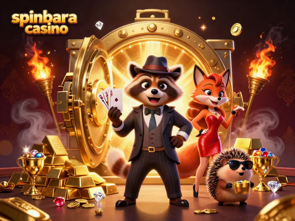 Experience the thrill of spinbara casino with a raccoon holding a royal flush, luxurious gold and gems.