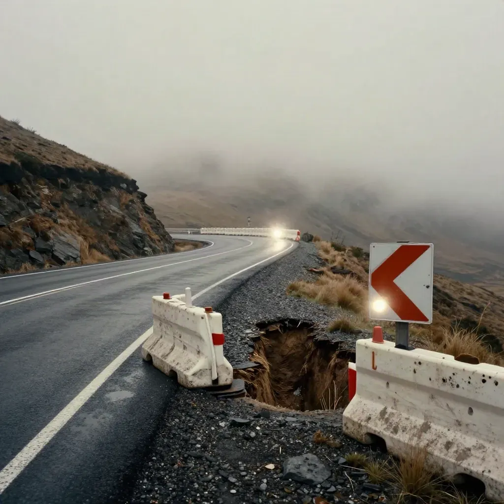 Curva de montaña con obras, conos y niebla baja sobre asfalto mojado.