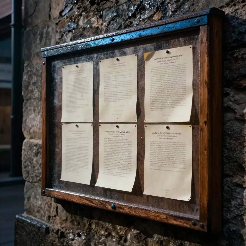 Tablero municipal de madera con avisos recién puestos sobre muro de piedra húmedo.