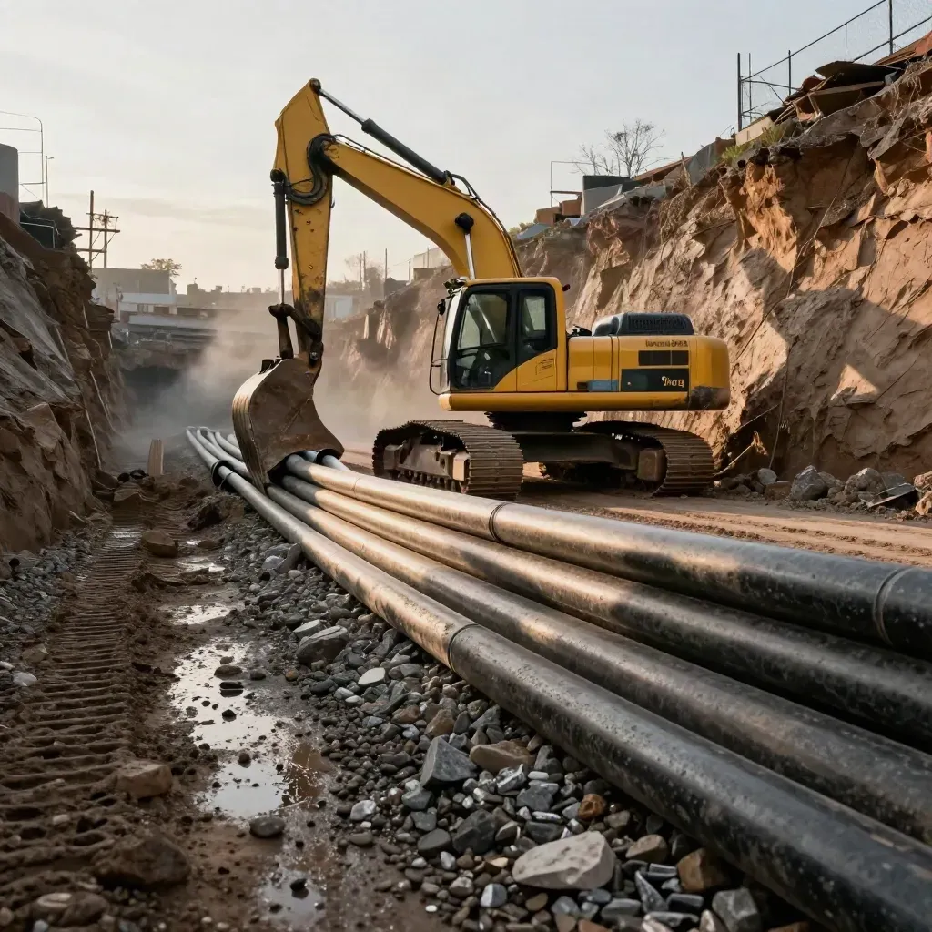Excavadora junto a una zanja con tubos apilados y grava mojada al amanecer.