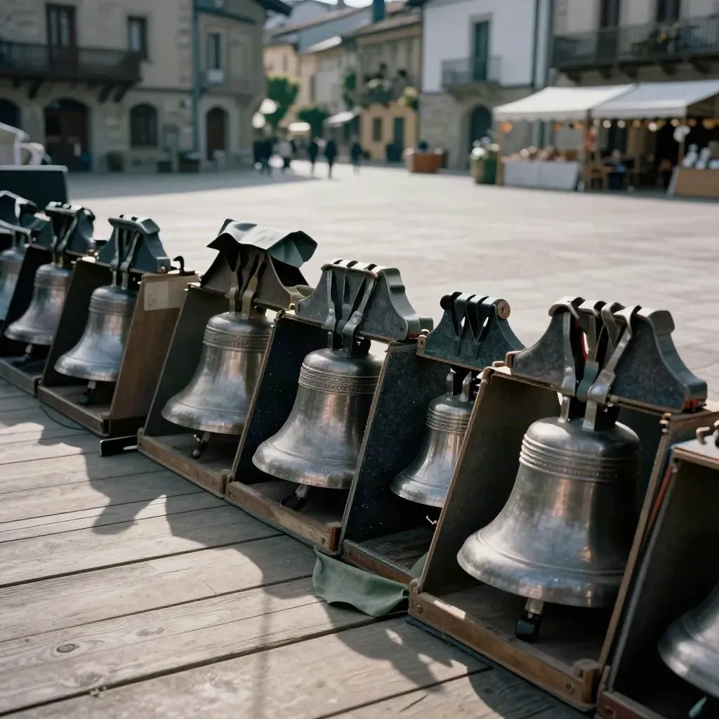 Tarima vacía en la plaza con campanas y cajas, lonas agitadas por la brisa.