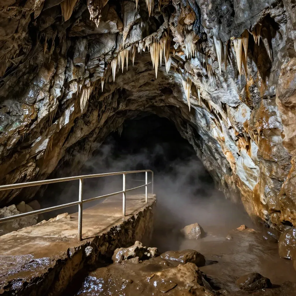 Entrada de la cueva de Pozalagua con estalactitas, roca mojada y barandilla discreta.