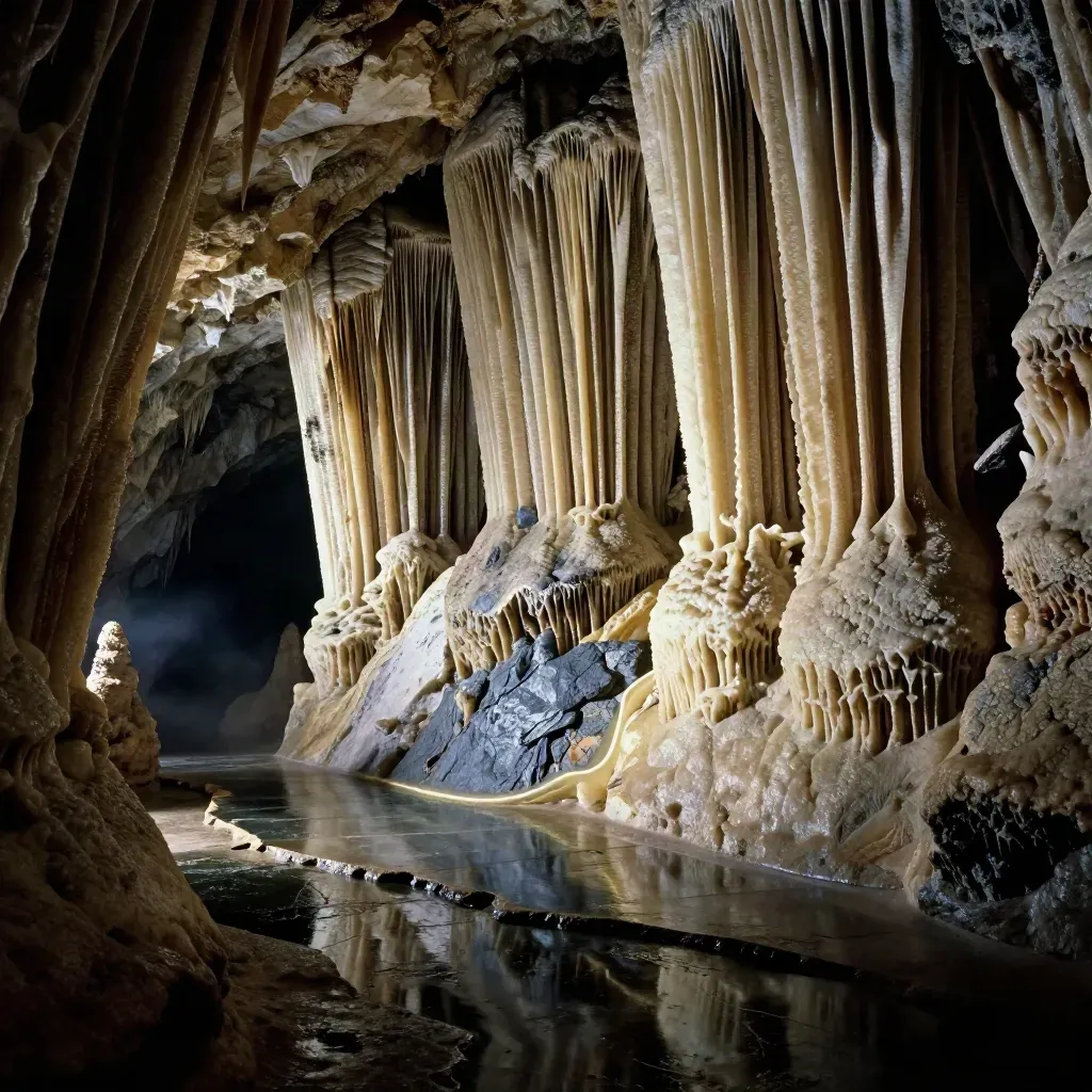 Galería lateral de la Cueva de Pozalagua con columnas calcáreas y suelo húmedo, vista rasante.