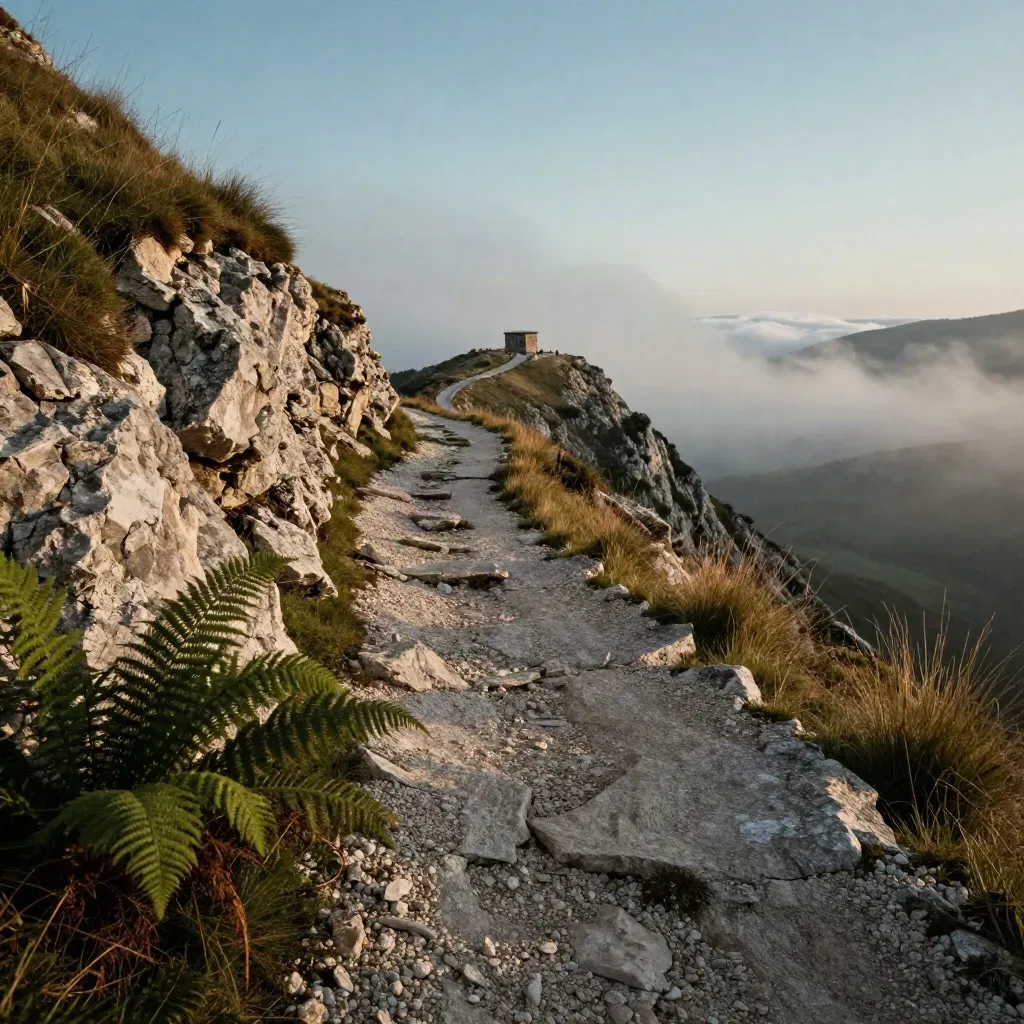 Sendero de montaña con helechos, roca caliza y valle abierto bajo nubes bajas.