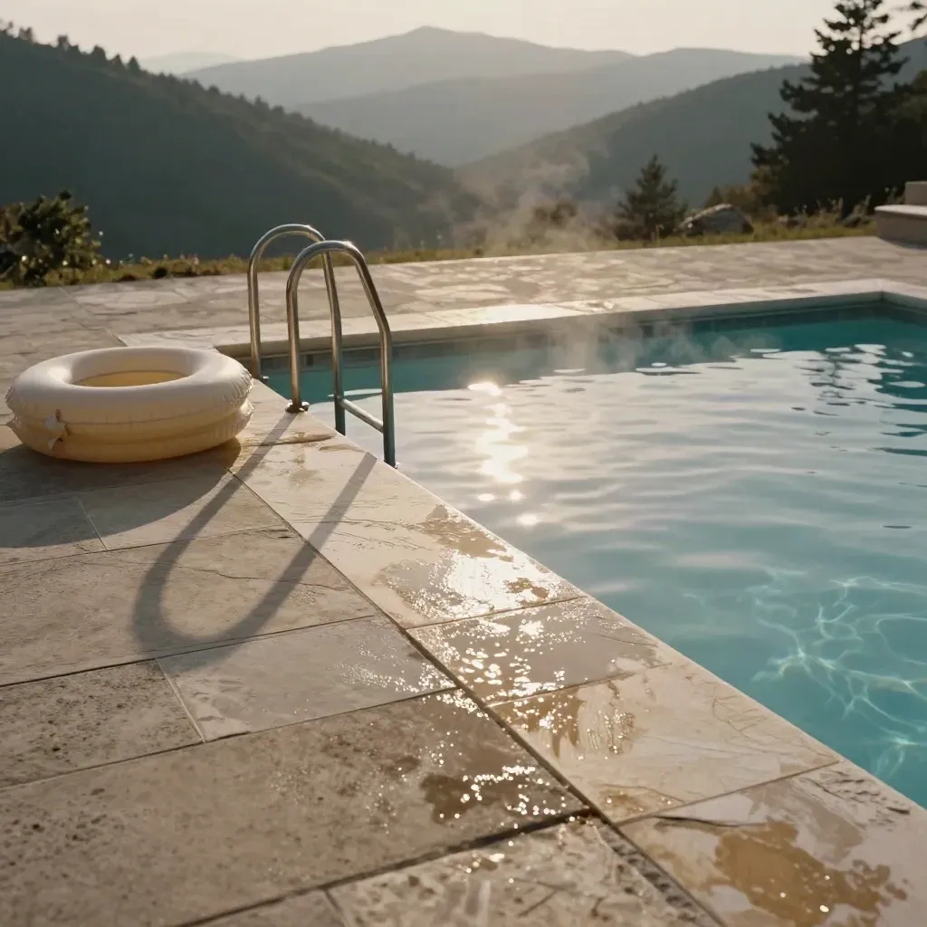 Piscina de verano vacía junto al monte, con escalera de acero, flotadores apilados y luz de atardecer.