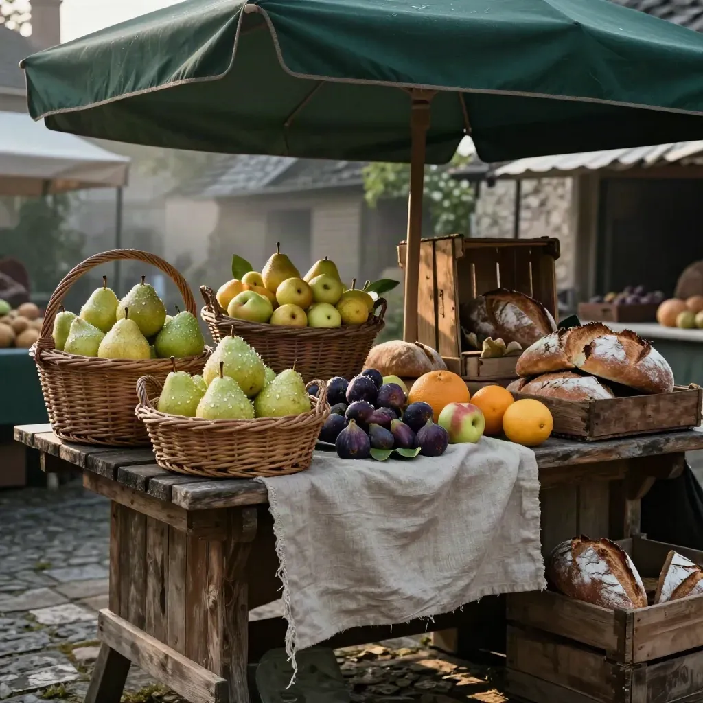 Puesto de mercado con fruta húmeda, pan rústico y cajas de madera bajo un toldo verde.