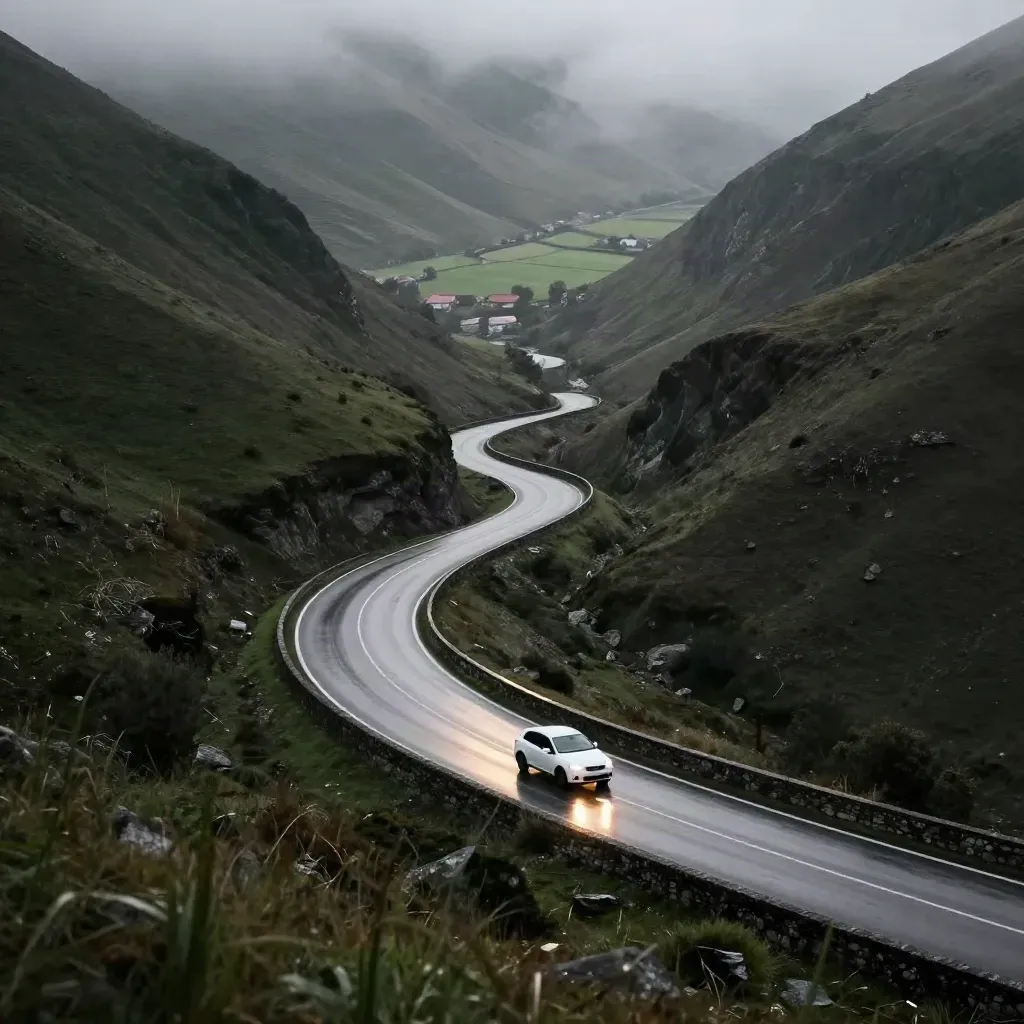 Carretera sinuosa del valle con coche blanco, asfalto mojado y bruma desde lo alto.