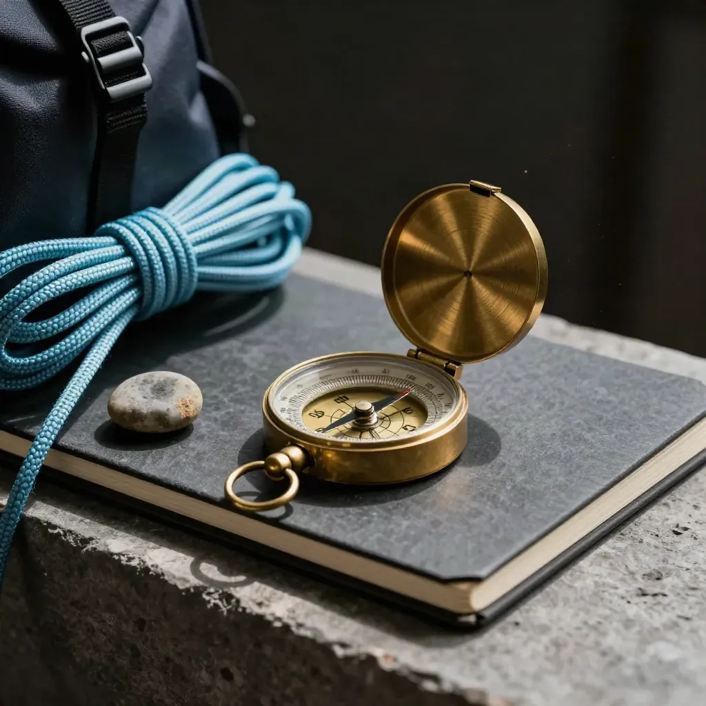 Brújula de latón, cordón azul y piedra sobre cuaderno cerrado en luz tenue.