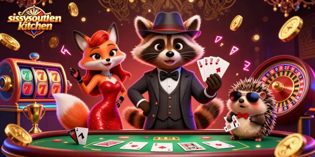 Sissyssouthernkitchen showcases a raccoon with a royal flush and a fox in a dazzling casino scene.