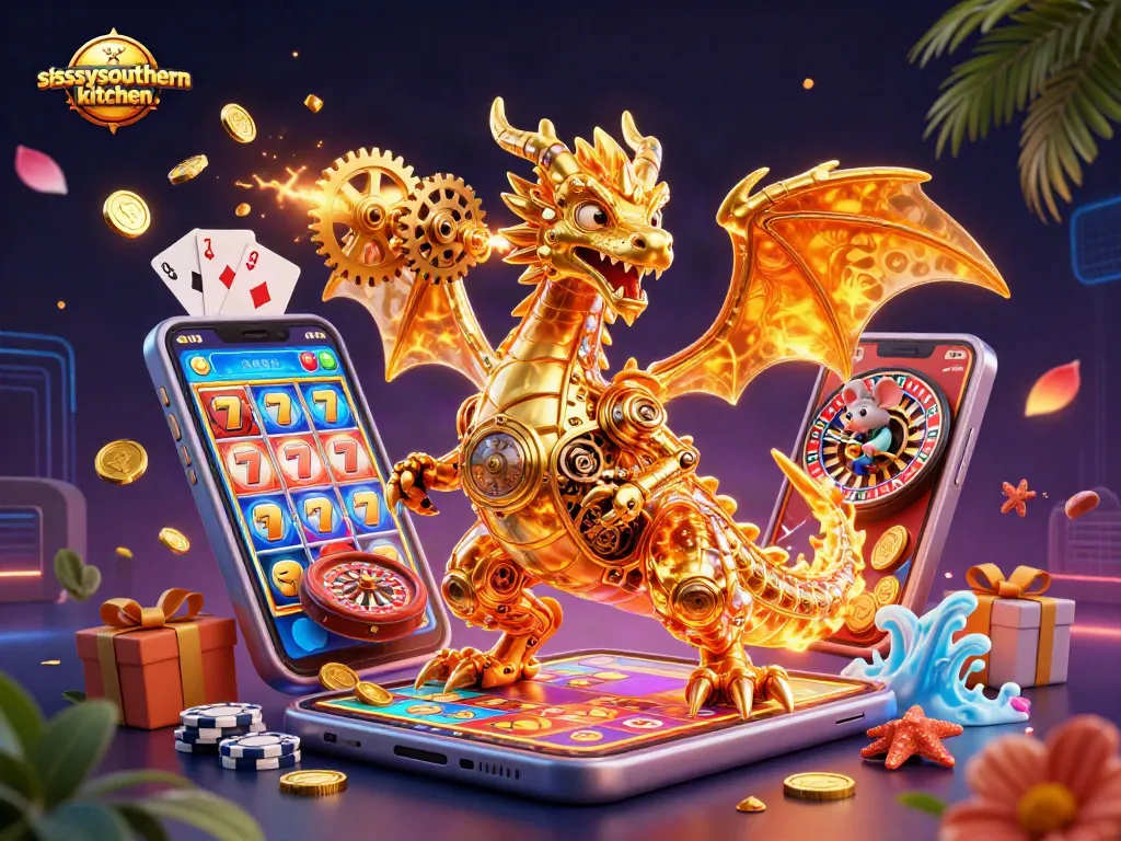 Sissyssouthernkitchen brings vibrant casino excitement alive, featuring golden dragon and animation elements.
